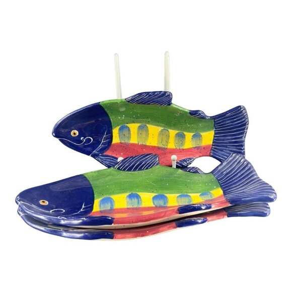 Julie Ueland Shorelines Fish Salmon Dish Plate Ceramic Pottery 2000 Set 3 - Picture 10 of 14